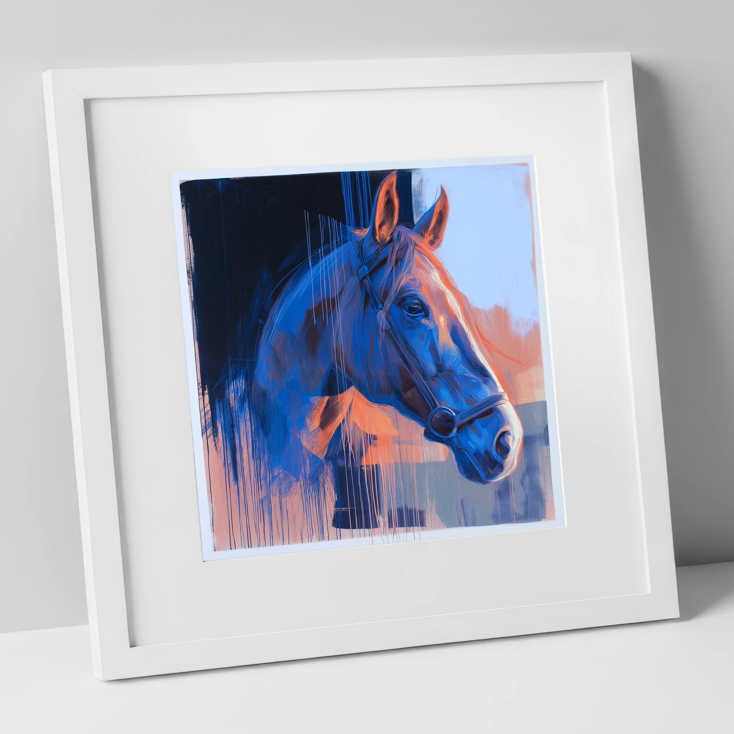 Cobalt and Apricot Light horse portrait art print in white frame