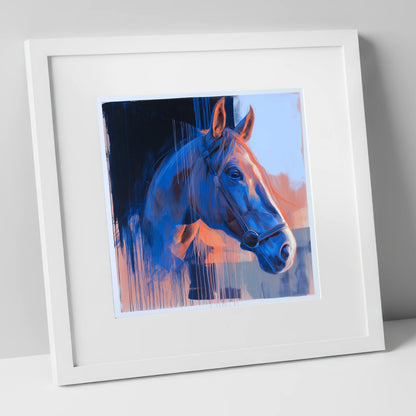 Cobalt and Apricot Light horse portrait art print in white frame