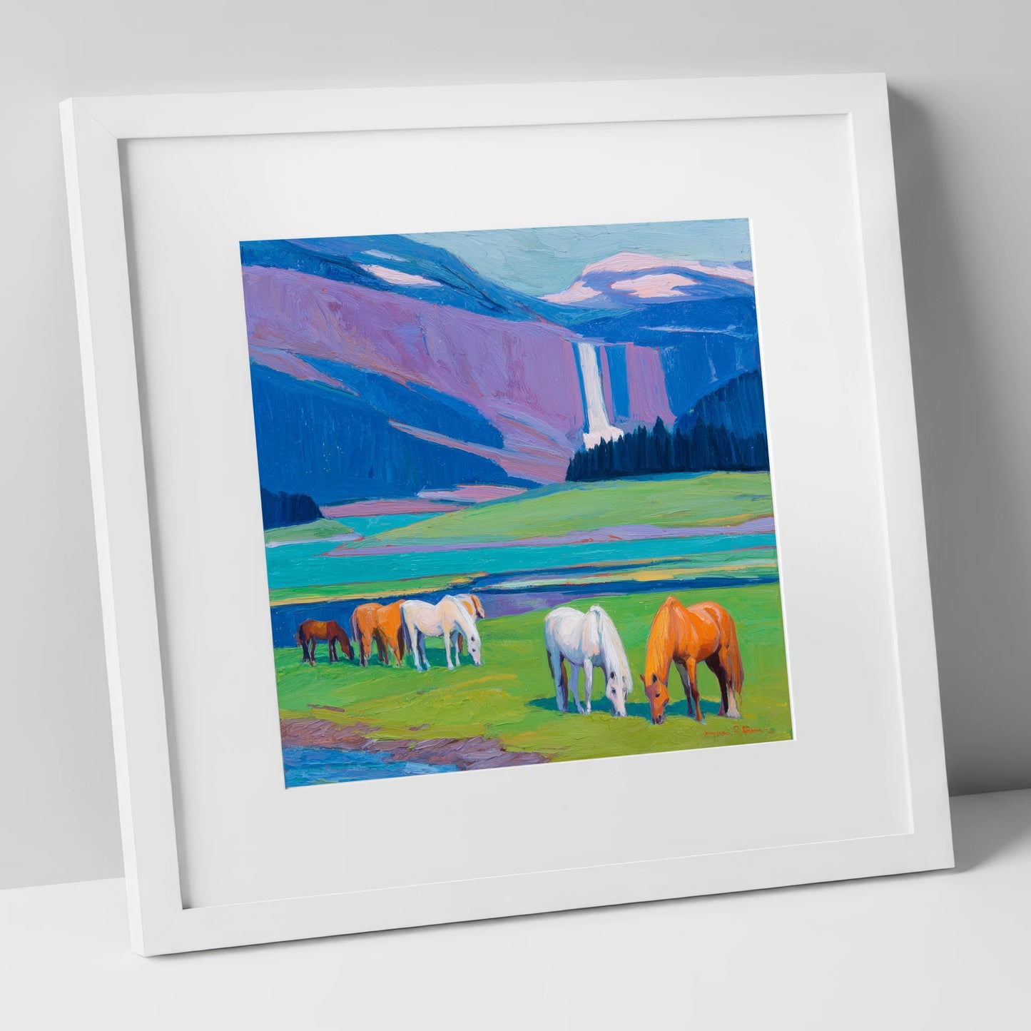 Waterfall Valley Pastures horse landscape art print in white frame