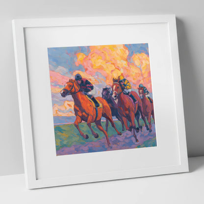 Thundering Sunset racing horse art print in white frame
