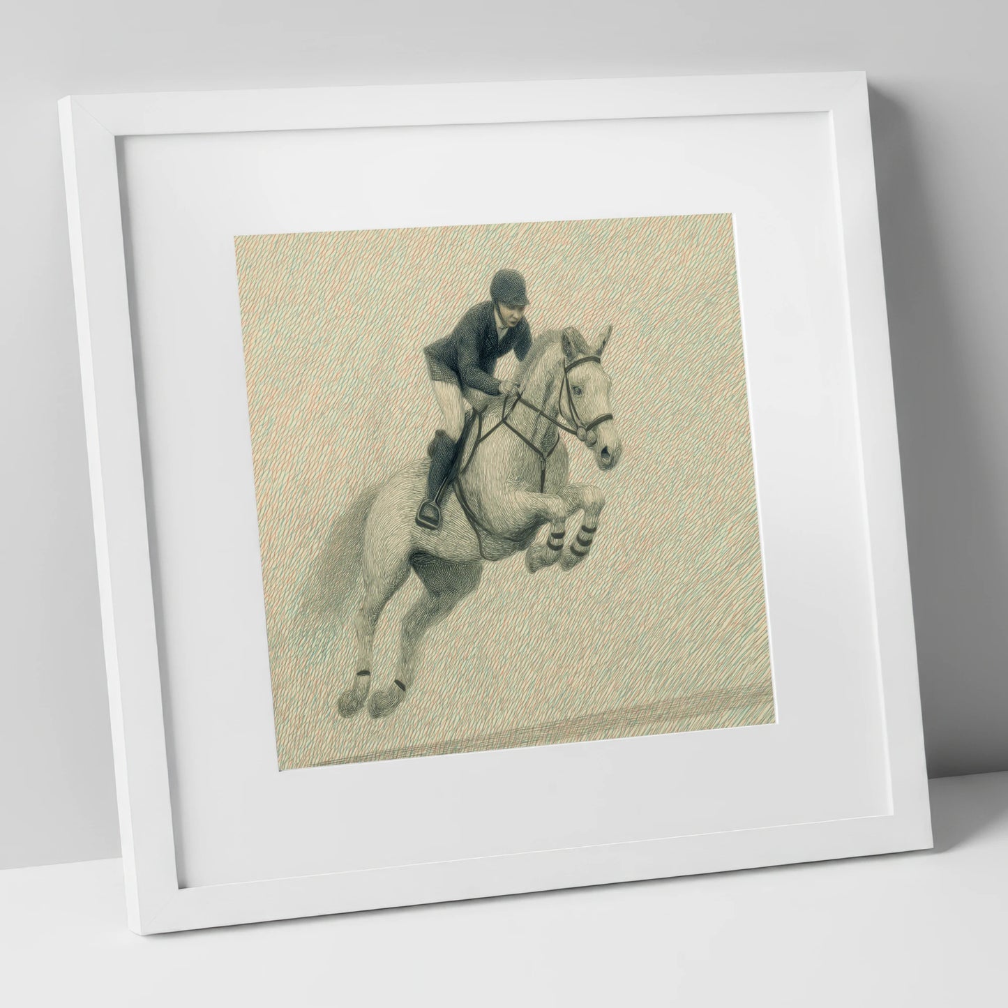Precision in Flight show jumping horse art print in white frame
