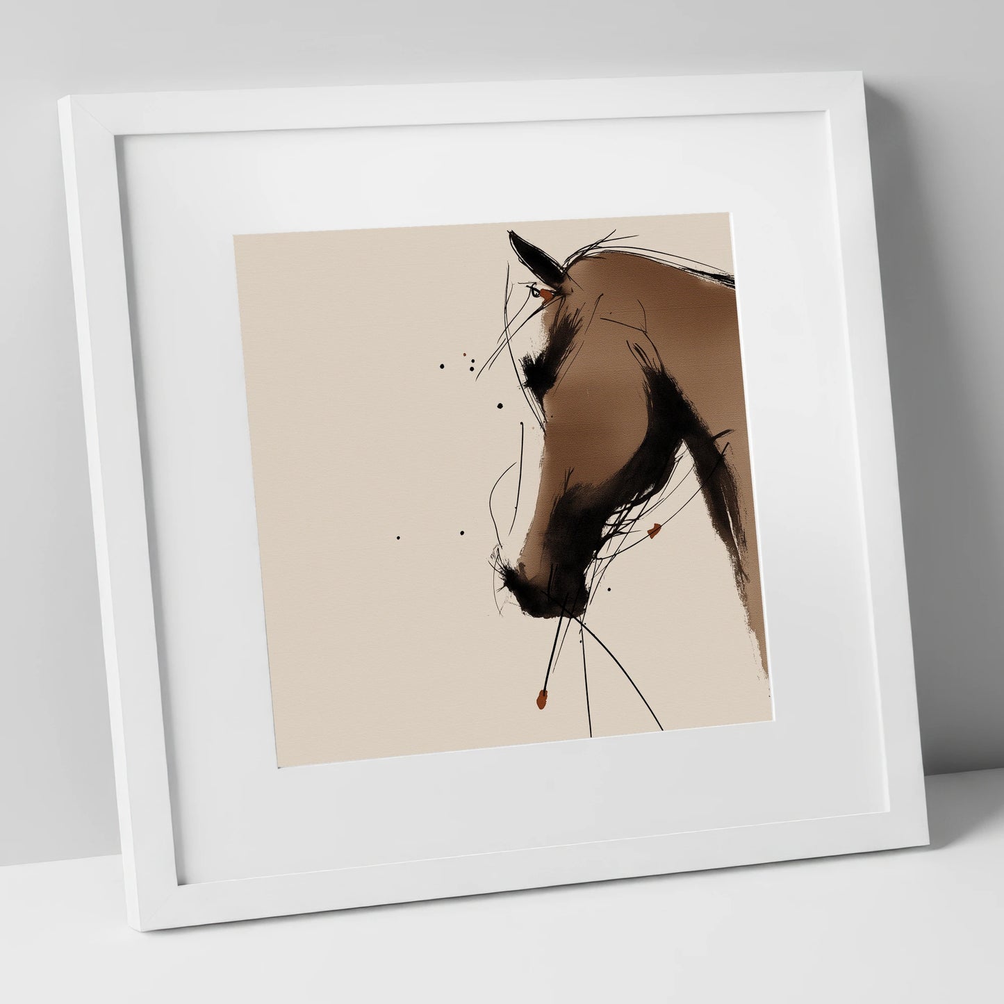 Sepia Ink Profile horse portrait art print in white frame