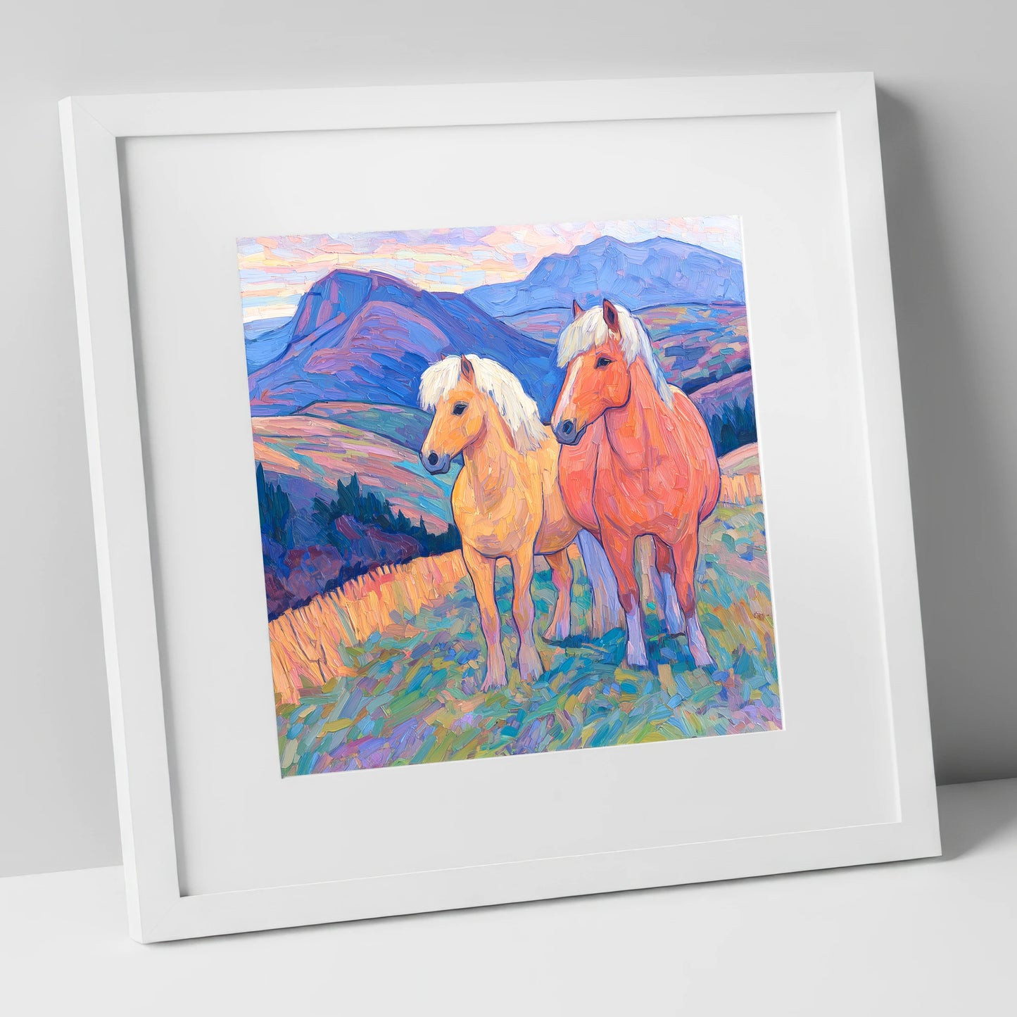 Highland Fjord Companions horse landscape art print in white frame