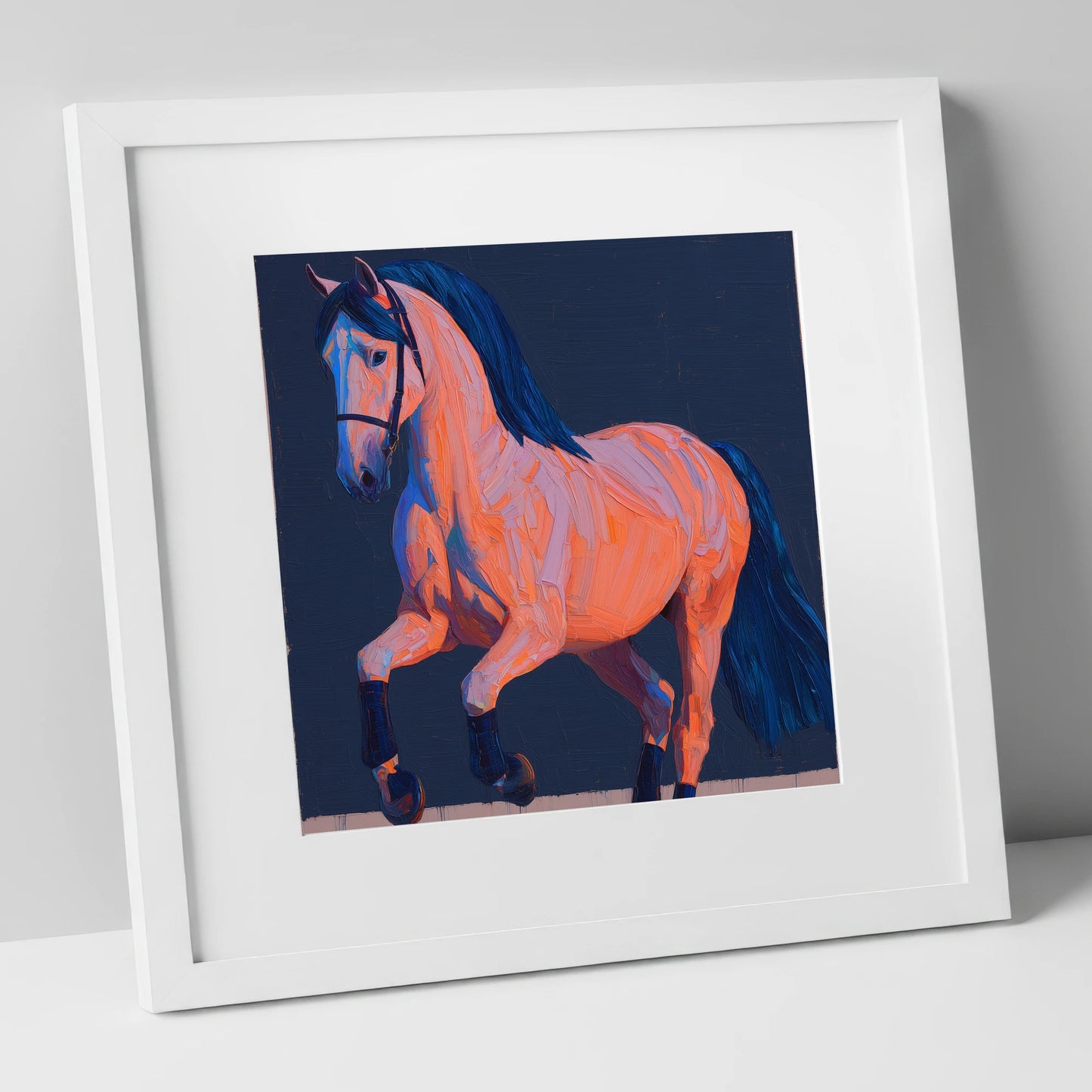 Vibrant Dressage Equine horse breed art print in white frame