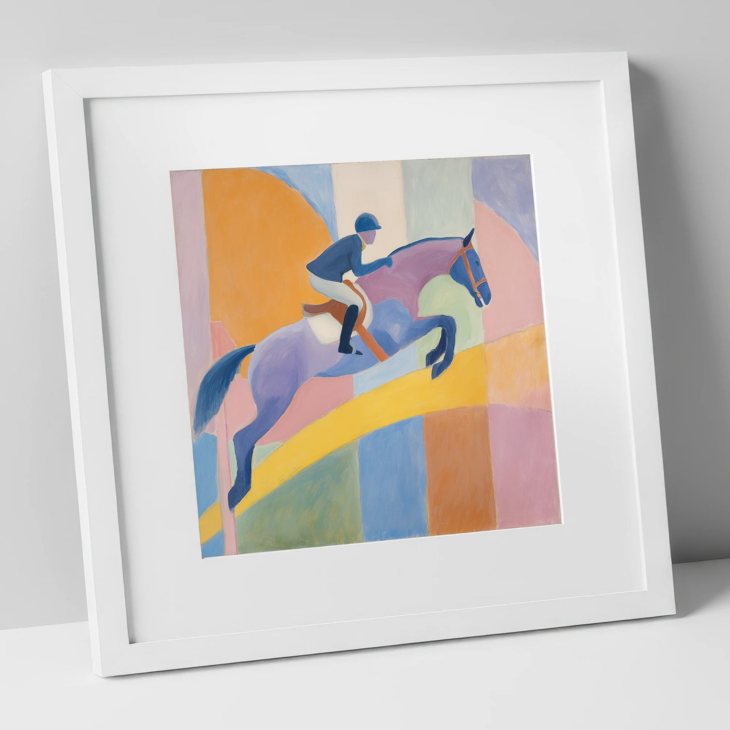 Harmony in Flight show jumping horse art print in white frame