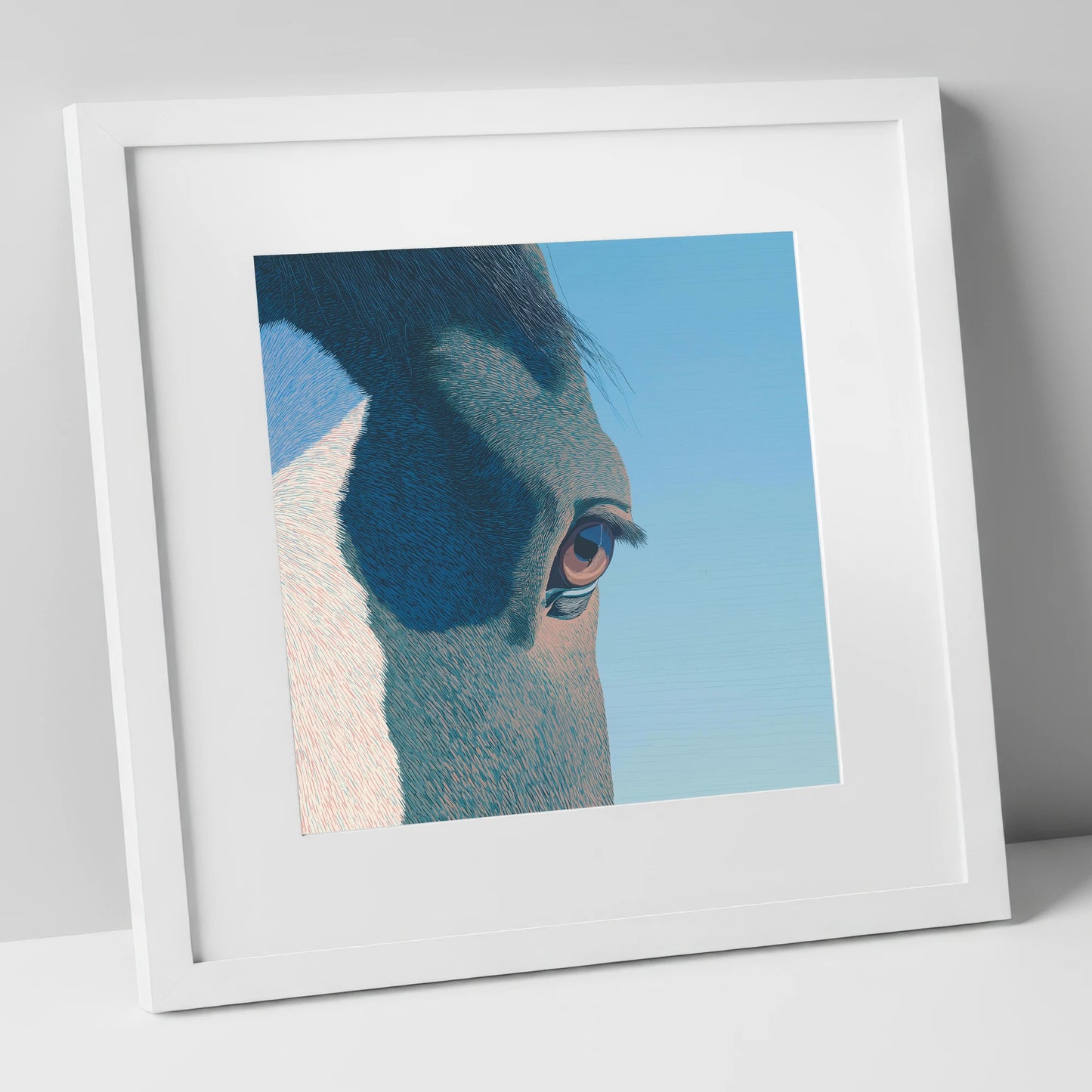 Stillness in Blue horse portrait art print in white frame