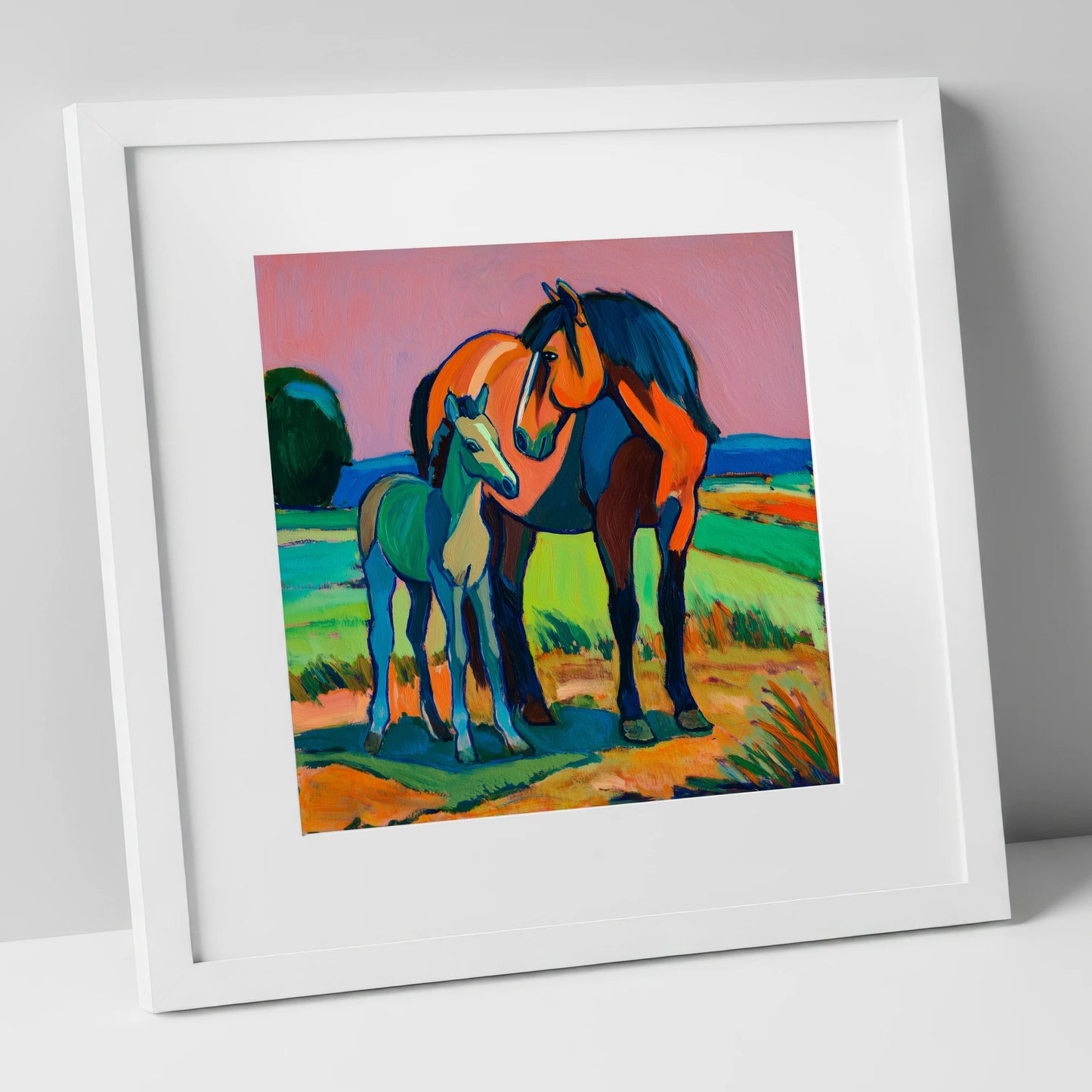 Vivid Bonds mare & foal art print in white frame