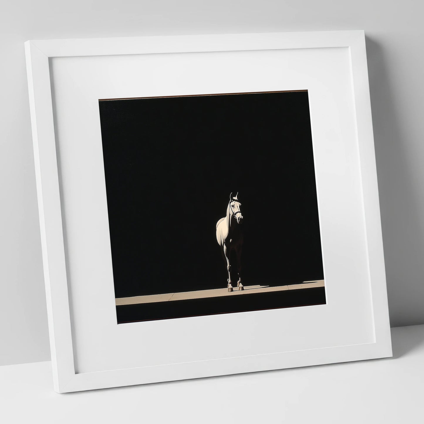 The Midnight Thoroughbred racing horse art print in white frame