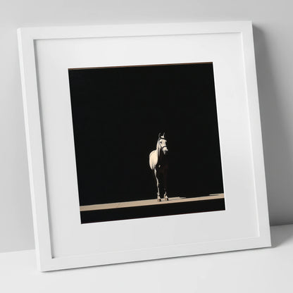 The Midnight Thoroughbred racing horse art print in white frame