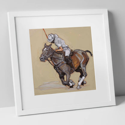 Momentum on the Field polo horse art print in white frame