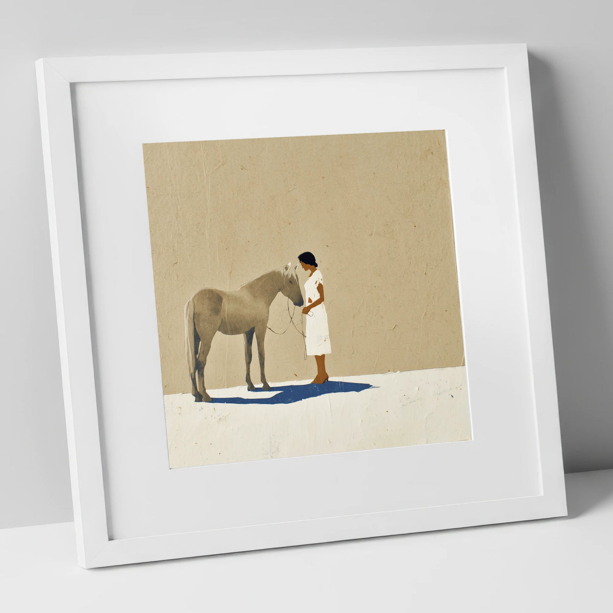 Grey Horse and Navy Shadow horse & rider art print in white frame