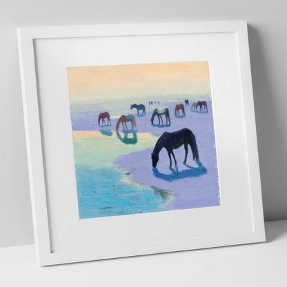 Lavender Tide Grazers wild horses art print in white frame