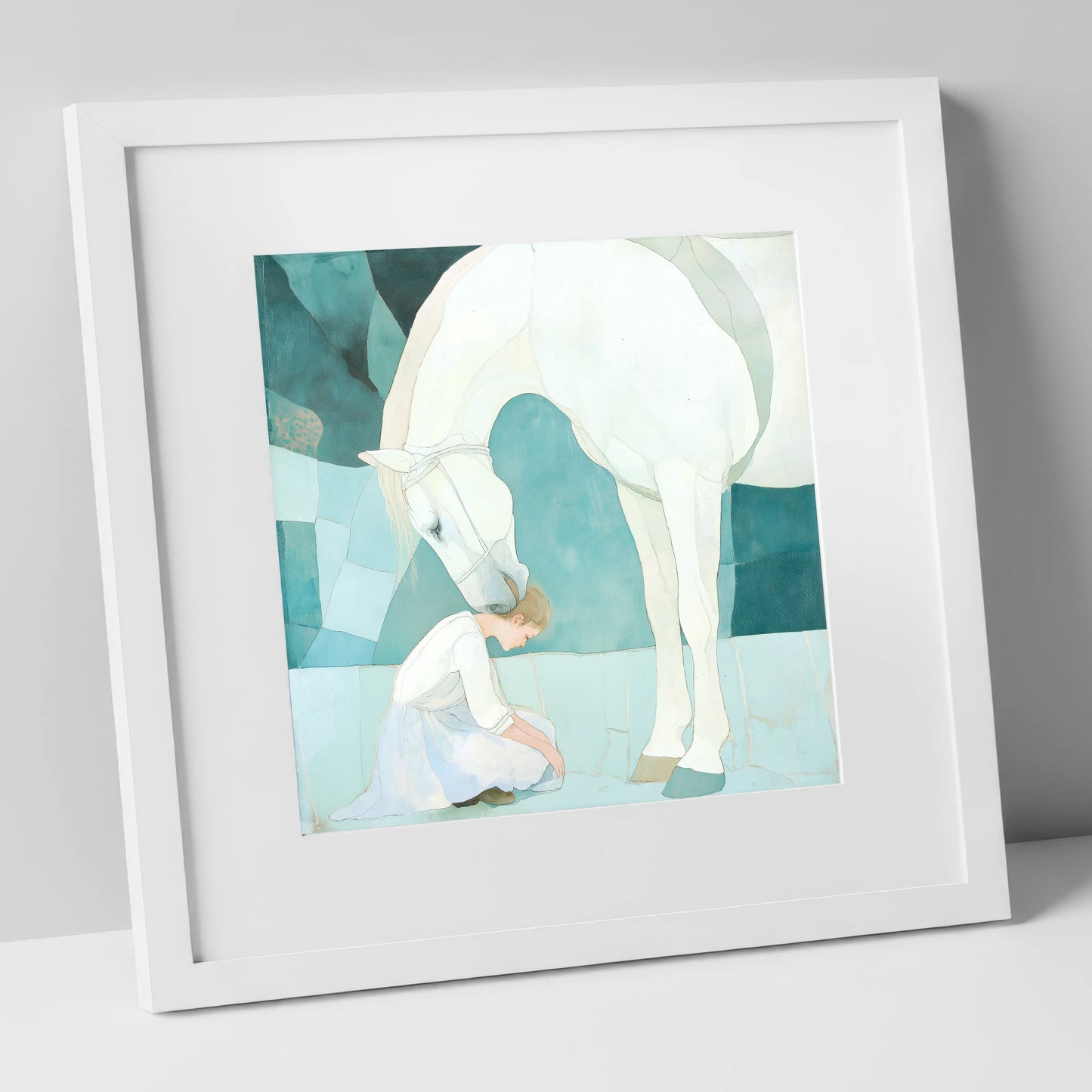 The Gentle Guardian horse & rider art print in white frame