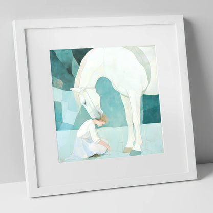 The Gentle Guardian horse & rider art print in white frame