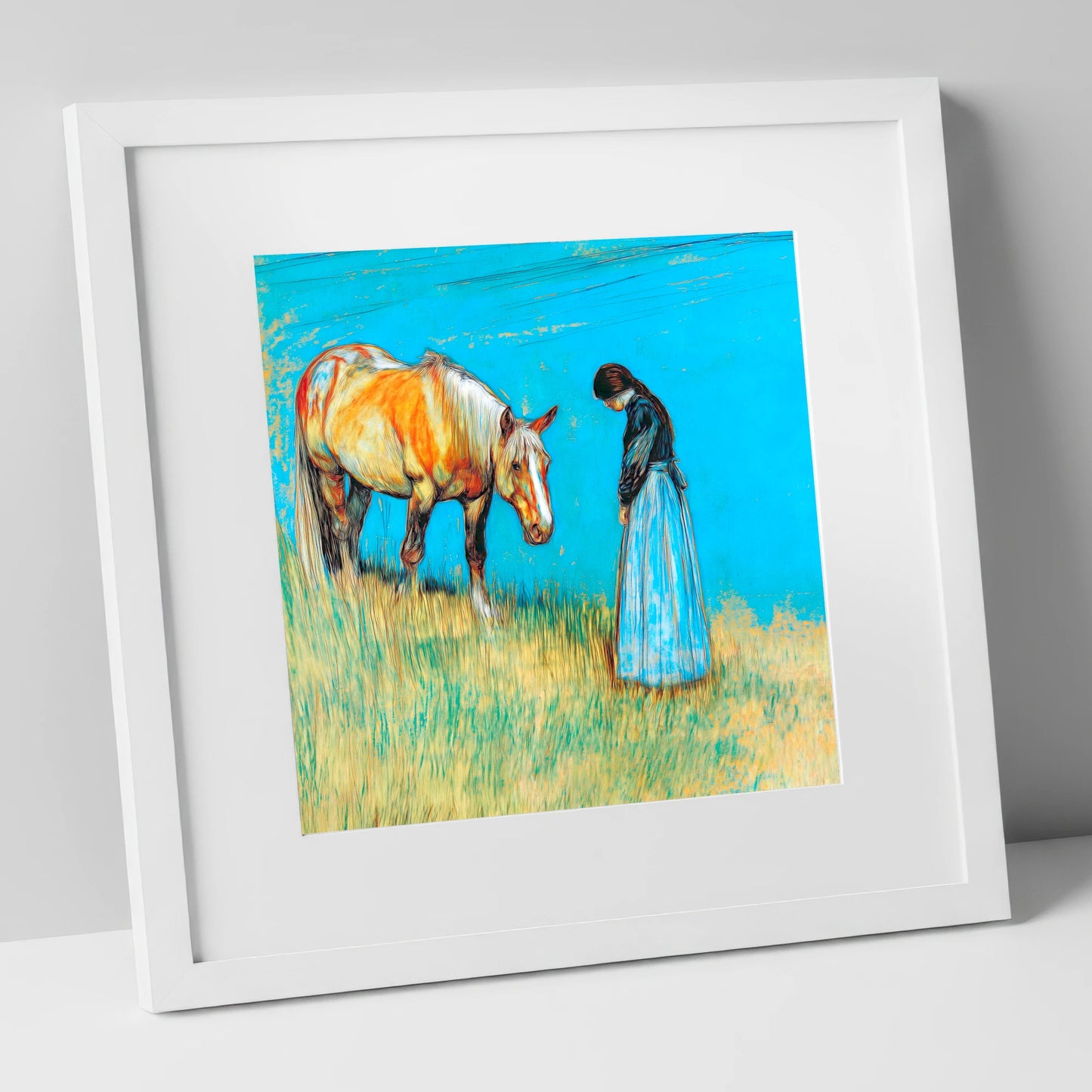Cerulean Bond horse & rider art print in white frame