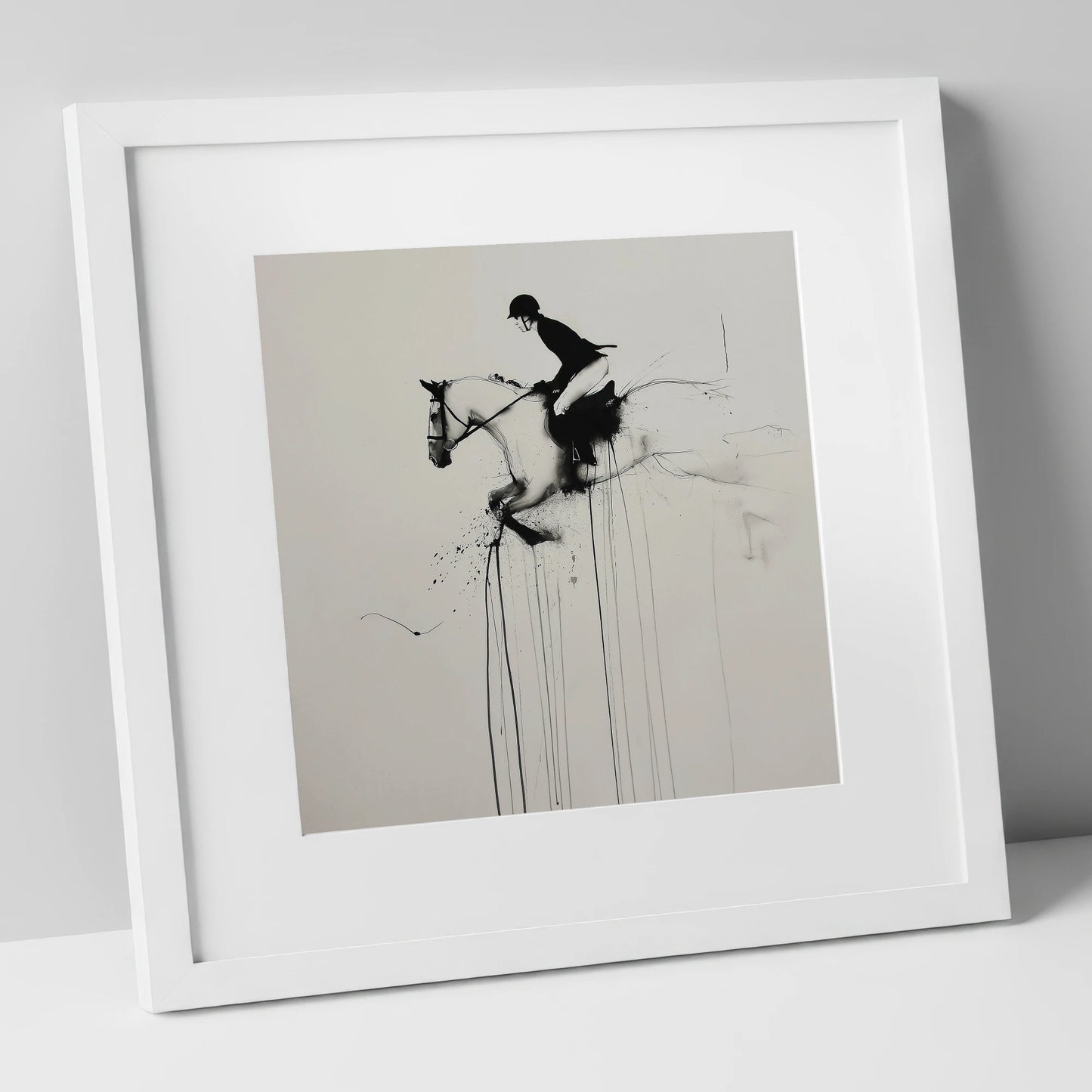 Airborne Elegance show jumping horse art print in white frame