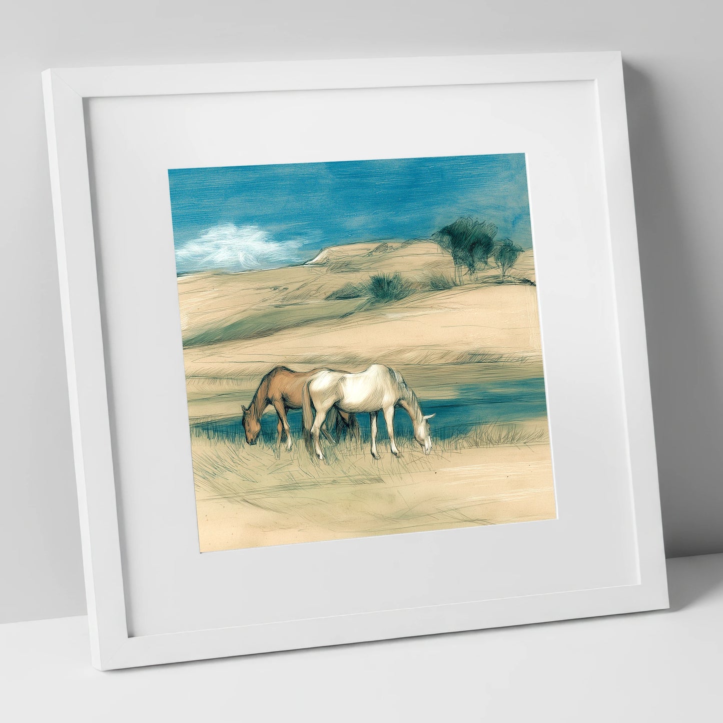 Quiet Companions horse landscape art print in white frame