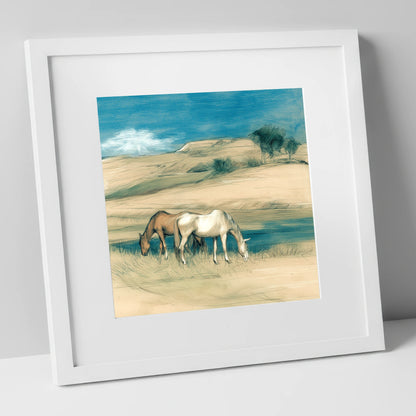 Quiet Companions horse landscape art print in white frame