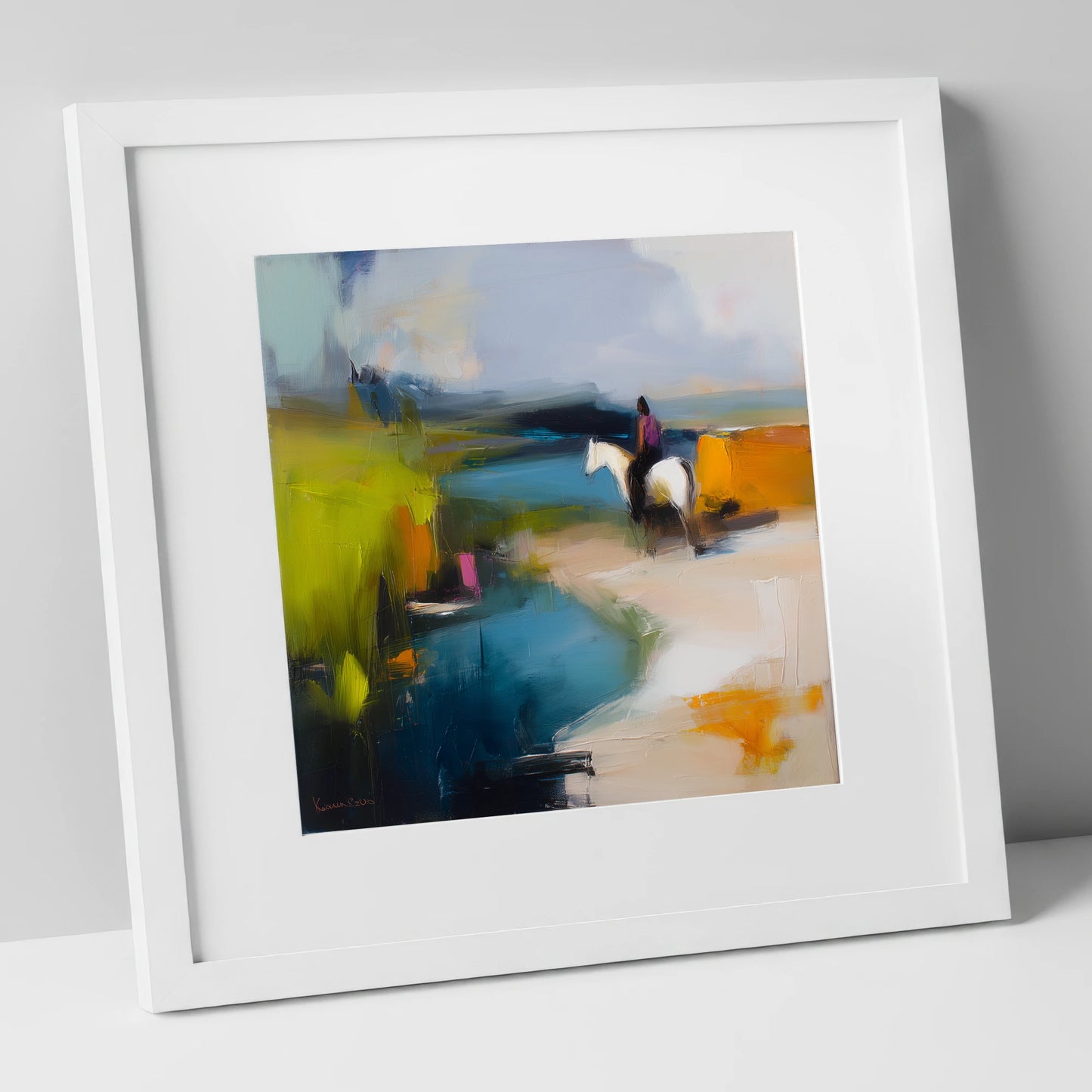 Vibrant Shoreline Hack beach horse art print in white frame