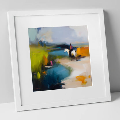 Vibrant Shoreline Hack beach horse art print in white frame