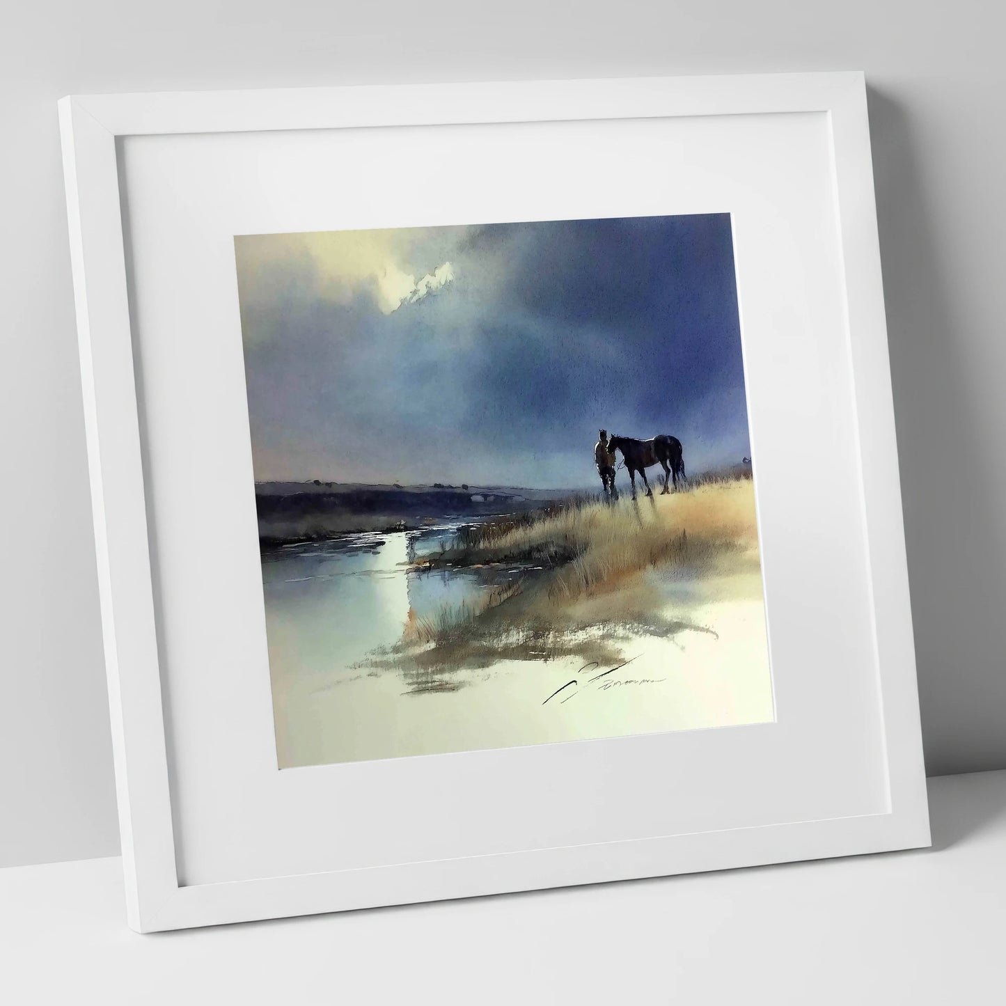 Storm Light Companions horse & rider art print in white frame