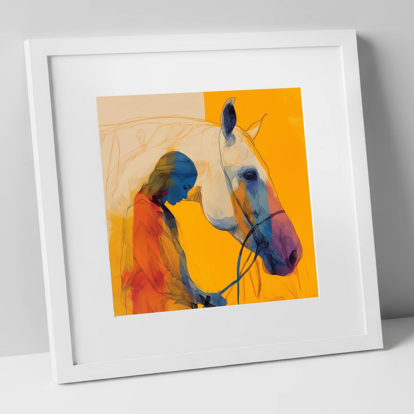 Vibrant Connection horse & rider art print in white frame