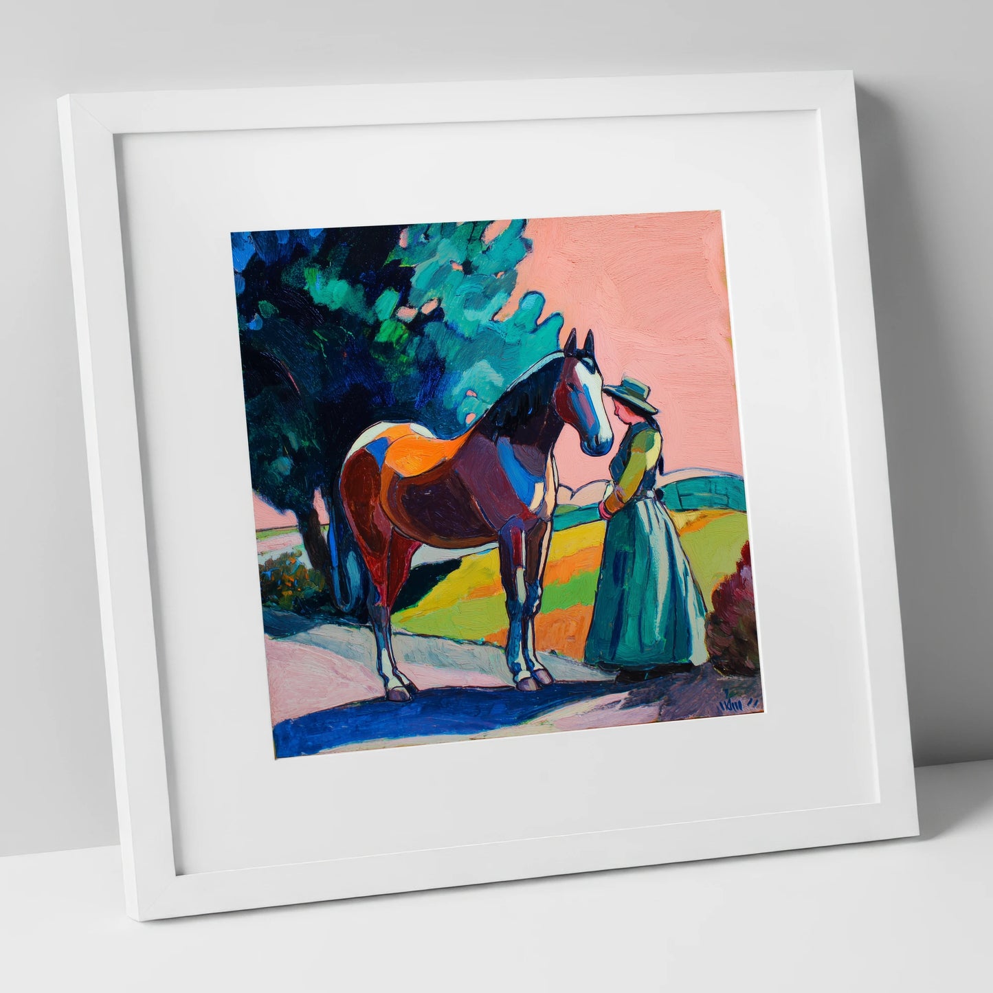 Painted Bond horse & rider art print in white frame