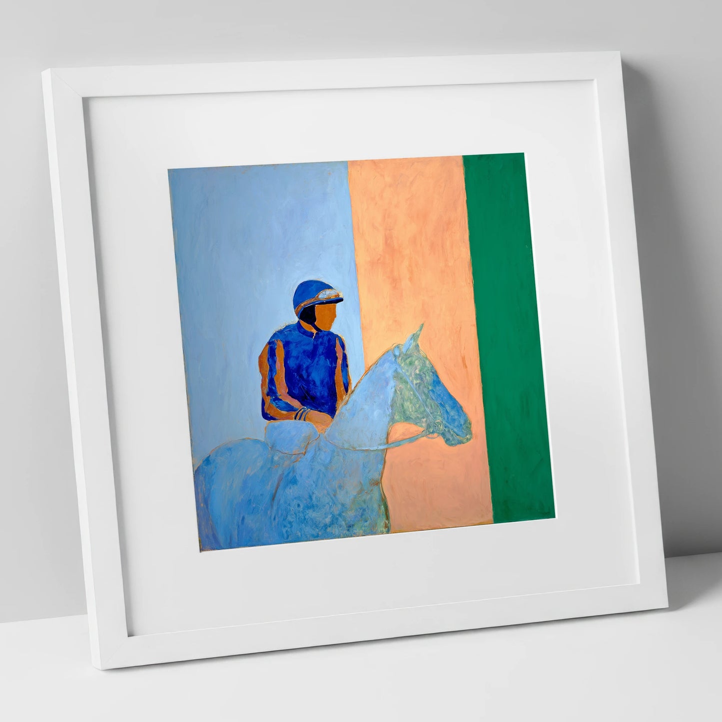 Stillness In The Saddle racing horse art print in white frame