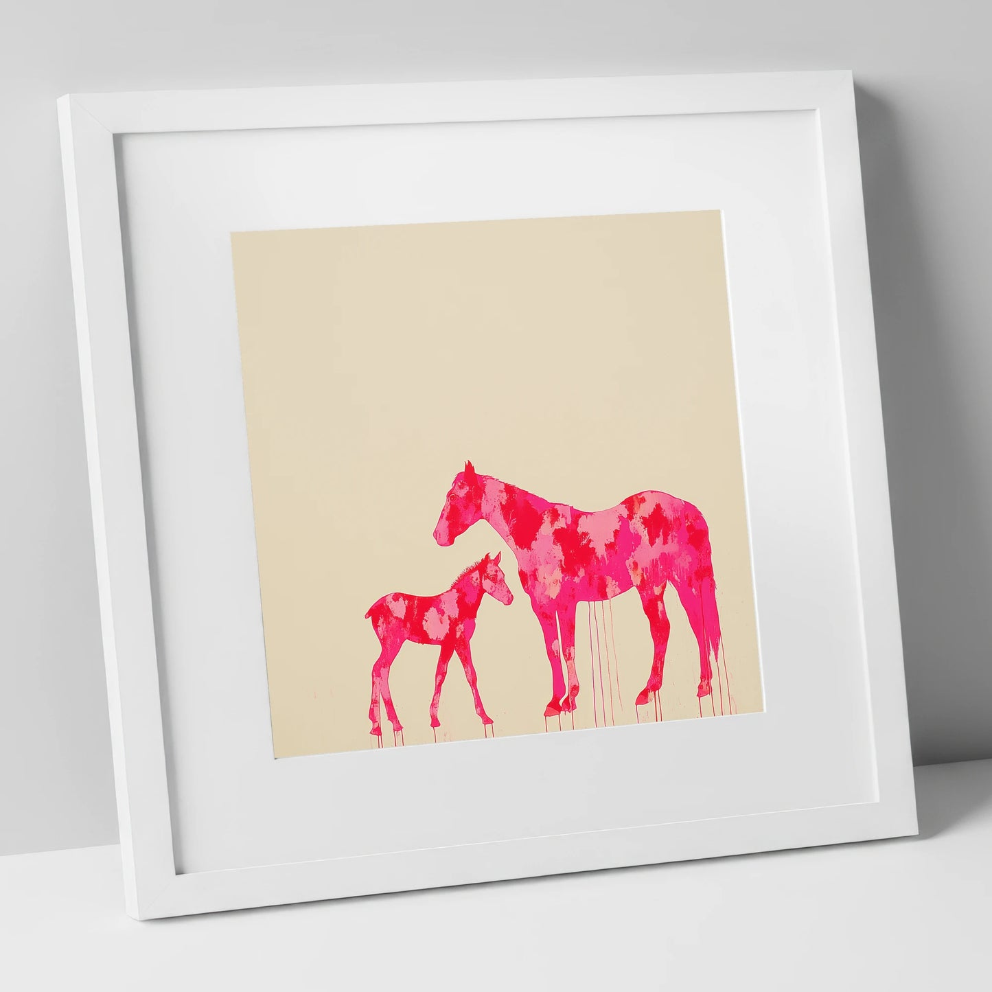 Magenta Mare and Foal mare & foal art print in white frame