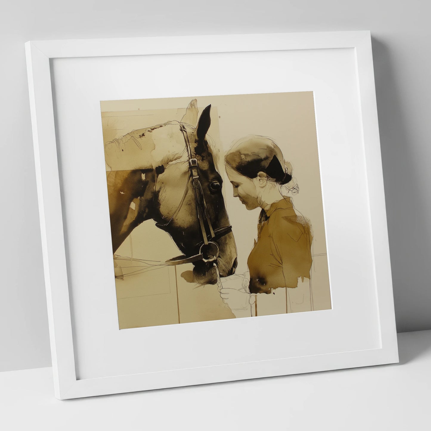 Unspoken Connection horse & rider art print in white frame