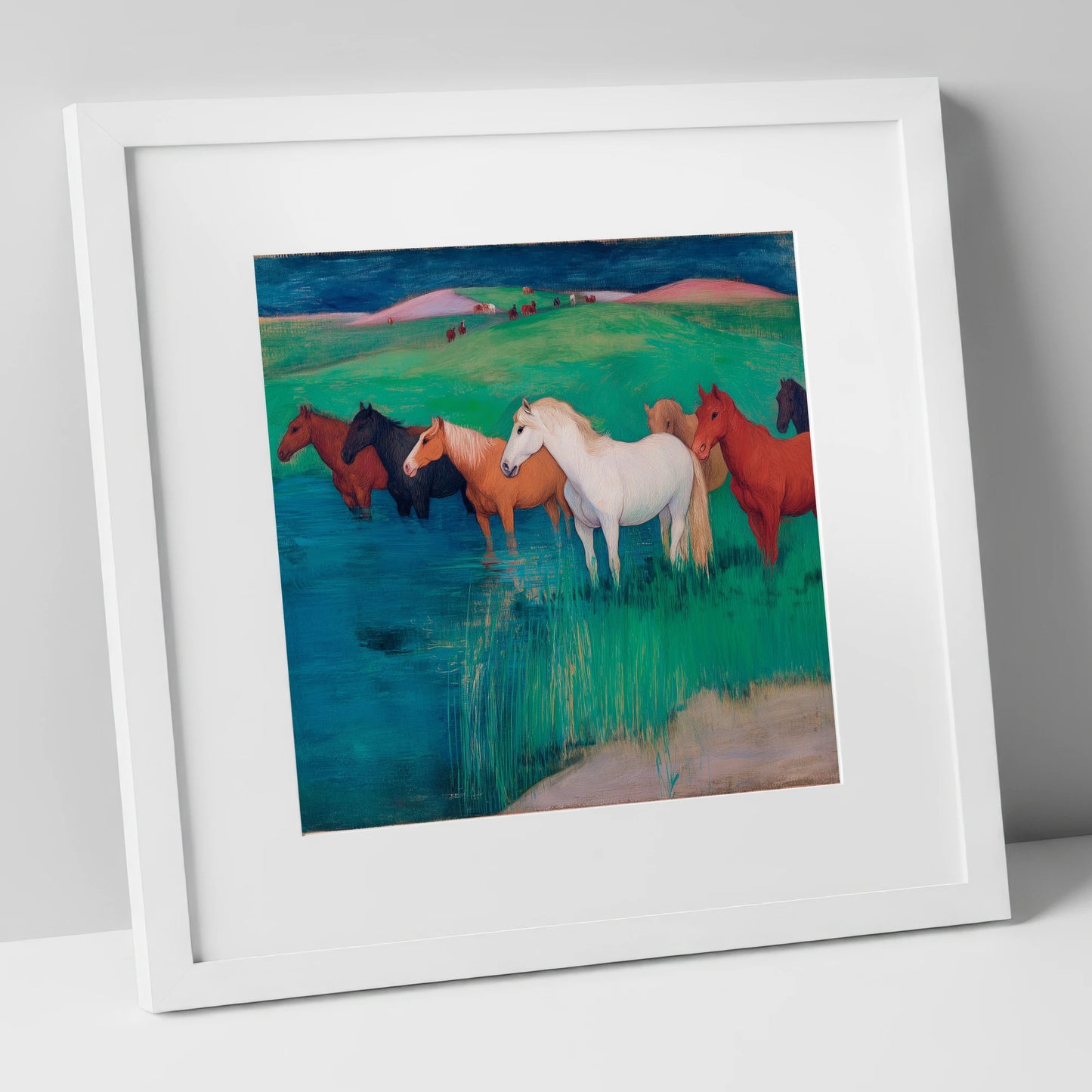 The Emerald Shallows wild horses art print in white frame