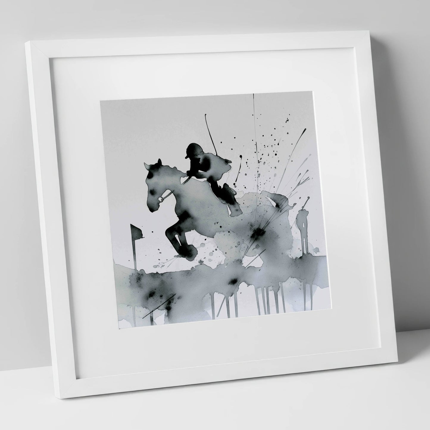 The Bold Clearance show jumping horse art print in white frame