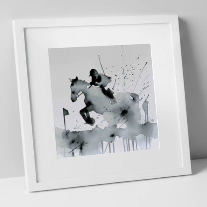 The Bold Clearance show jumping horse art print in white frame