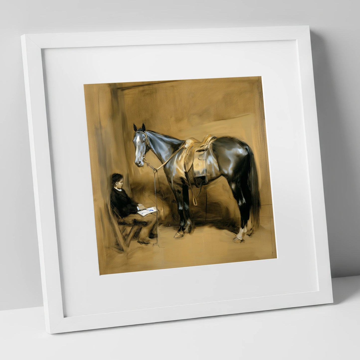 Quiet Stable Companions horse & rider art print in white frame