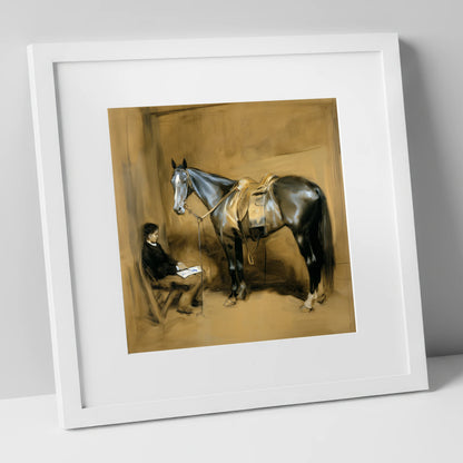 Quiet Stable Companions horse & rider art print in white frame