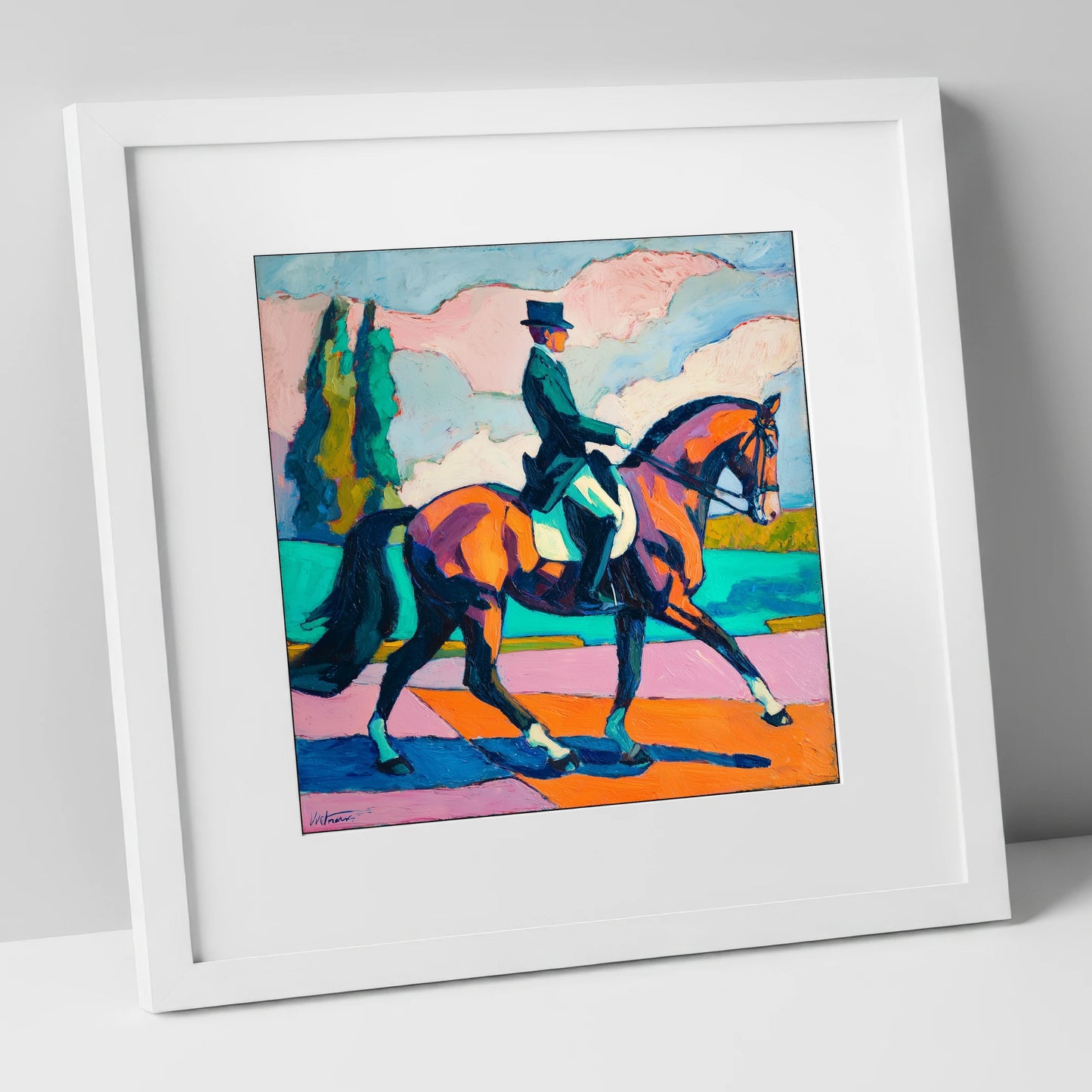 Vibrant Dressage Rhythm dressage horse art print in white frame