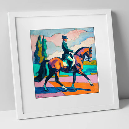 Vibrant Dressage Rhythm dressage horse art print in white frame