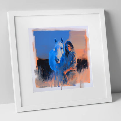 The Silent Connection horse & rider art print in white frame
