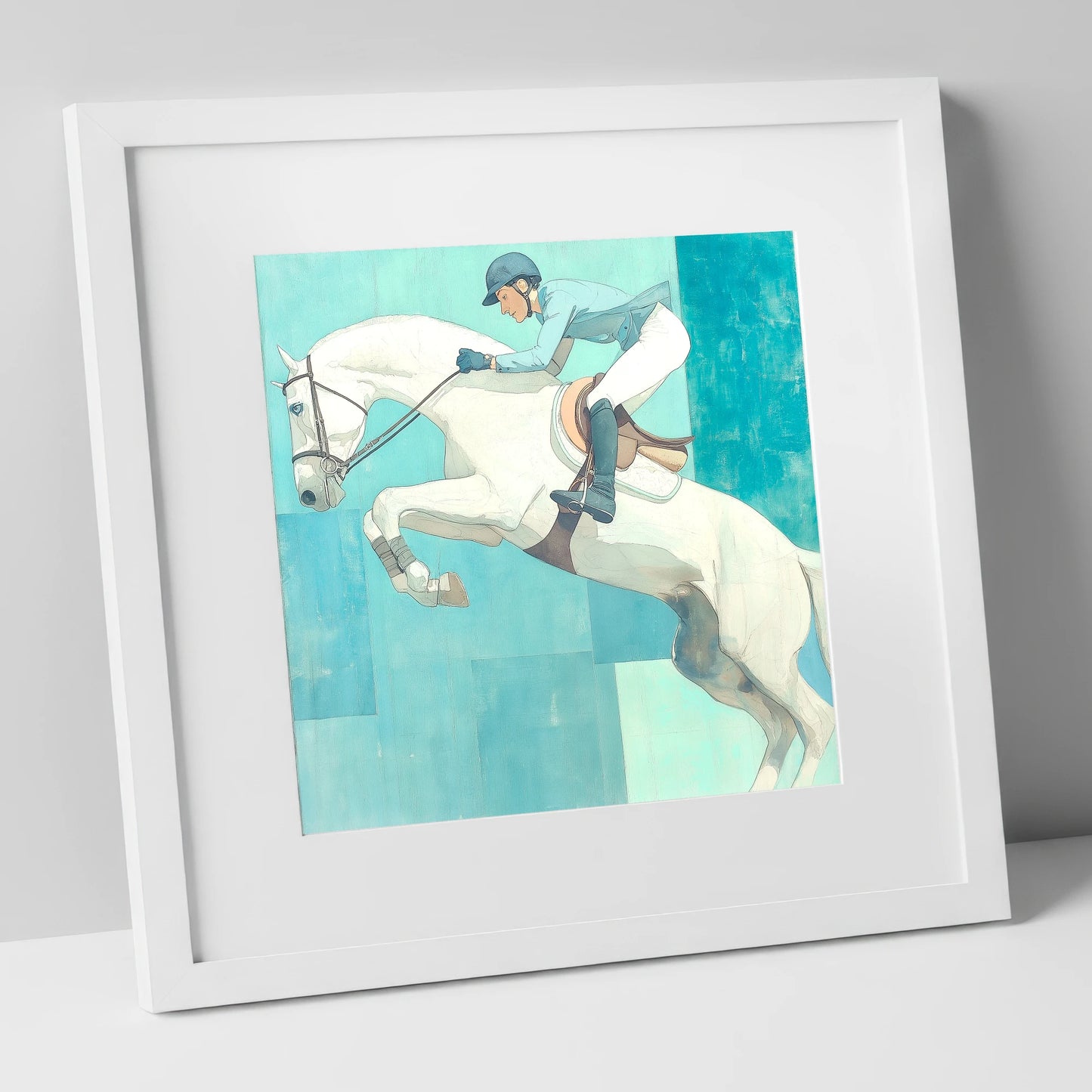 Aquamarine Flight show jumping horse art print in white frame