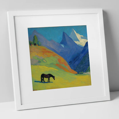 Vibrant Alpine Grazing horse landscape art print in white frame