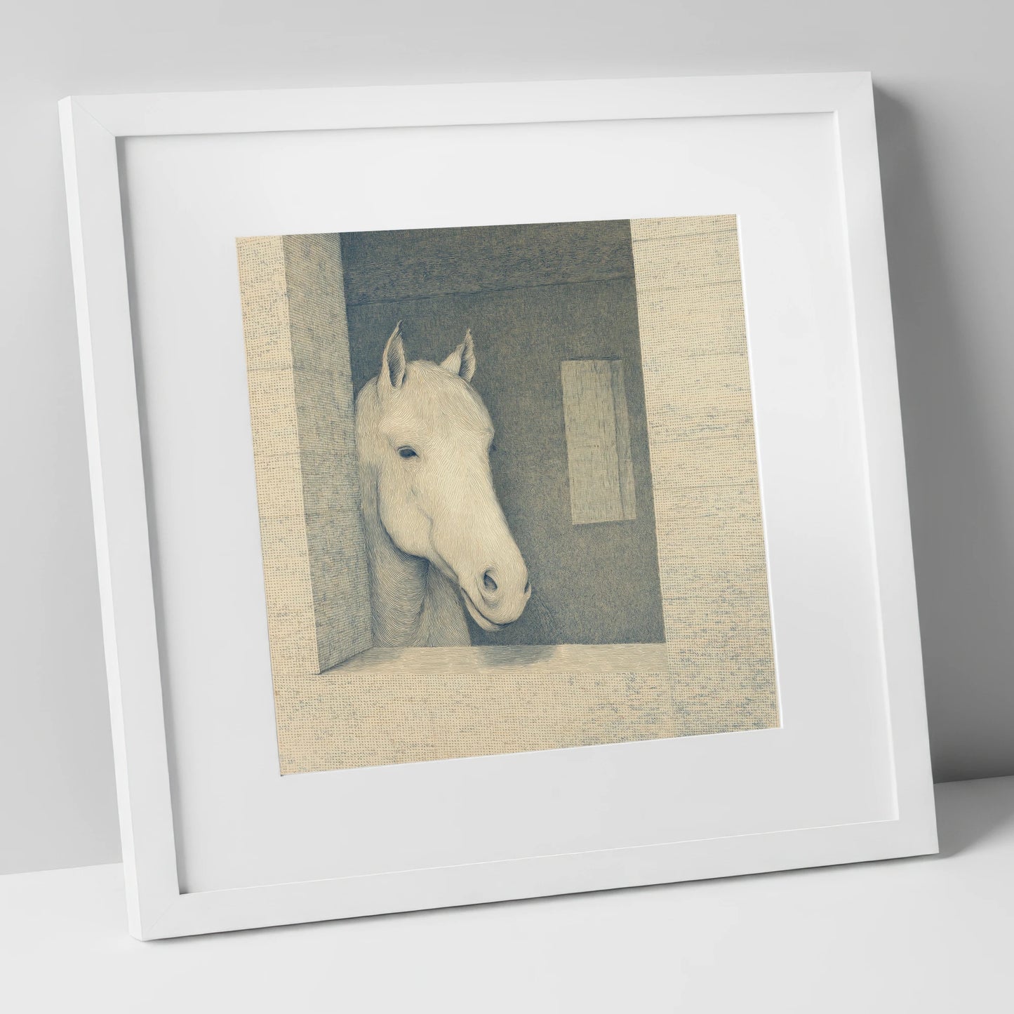 The Quiet Observer horse stable art print in white frame