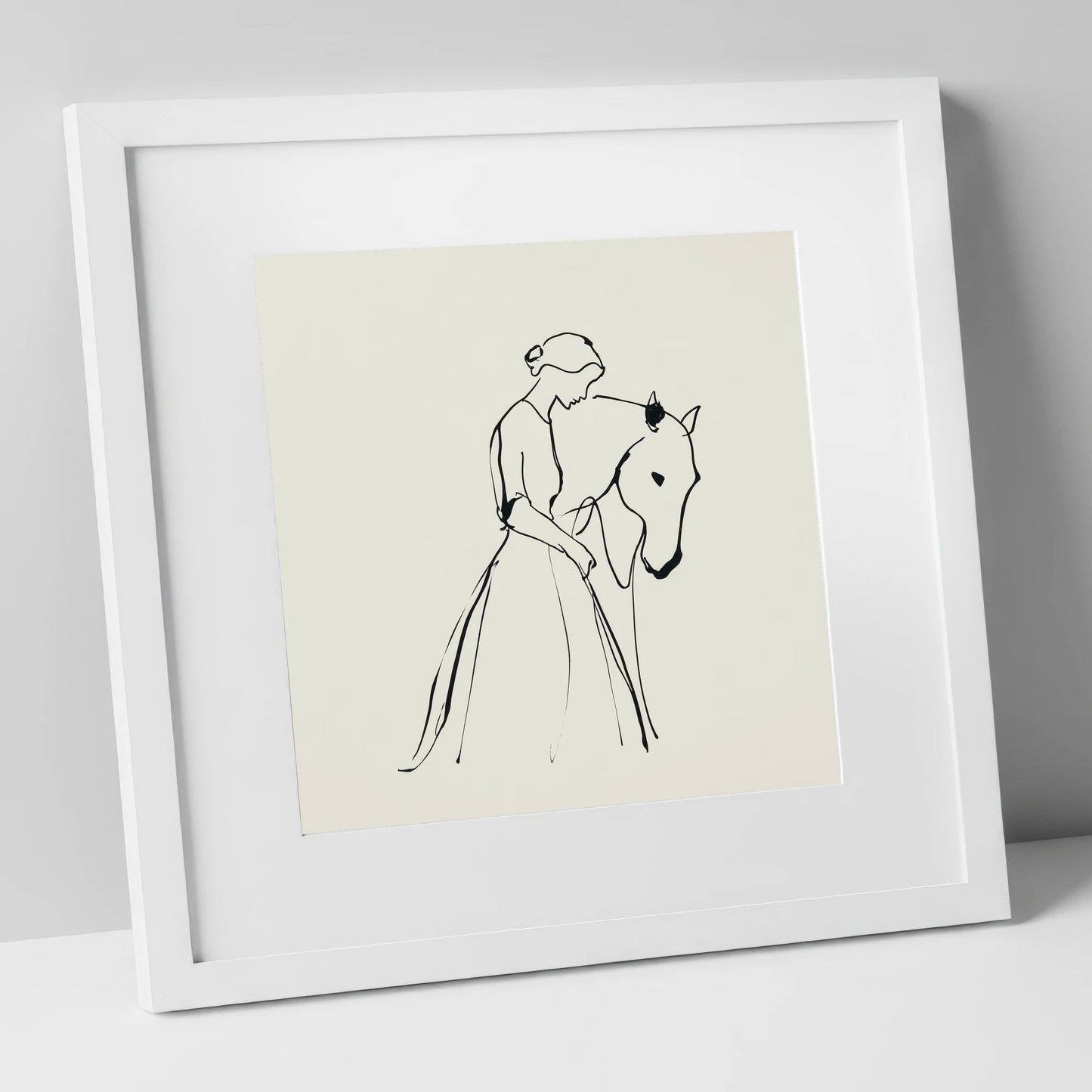 Elegant Connection horse & rider art print in white frame