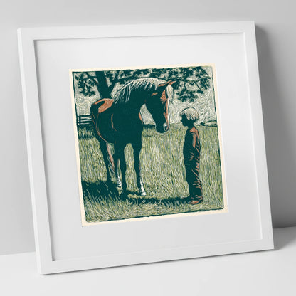 Kindred Spirits horse & rider art print in white frame
