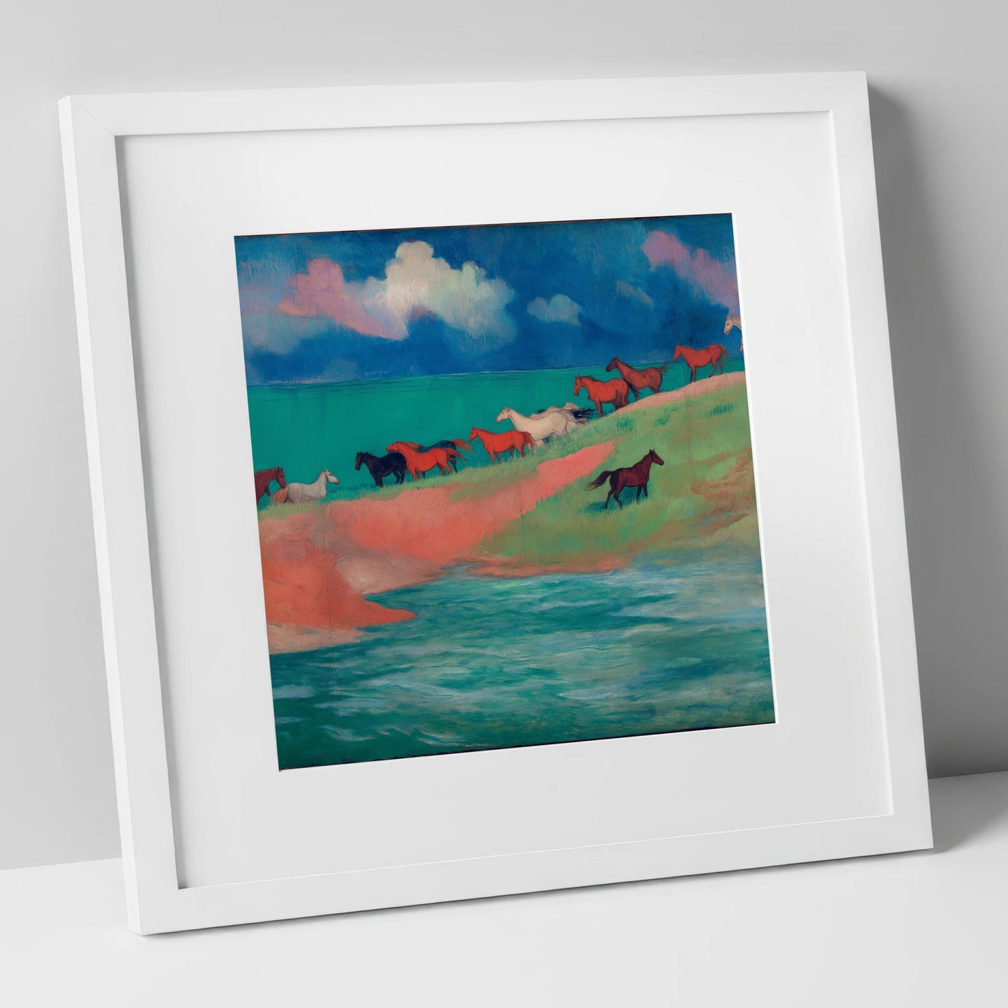 Spirited Coastal Herd wild horses art print in white frame