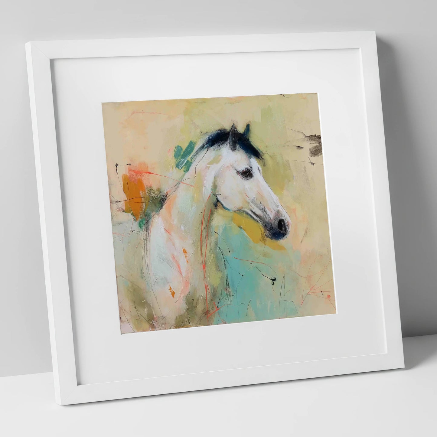 Gestural Grey Portrait horse portrait art print in white frame