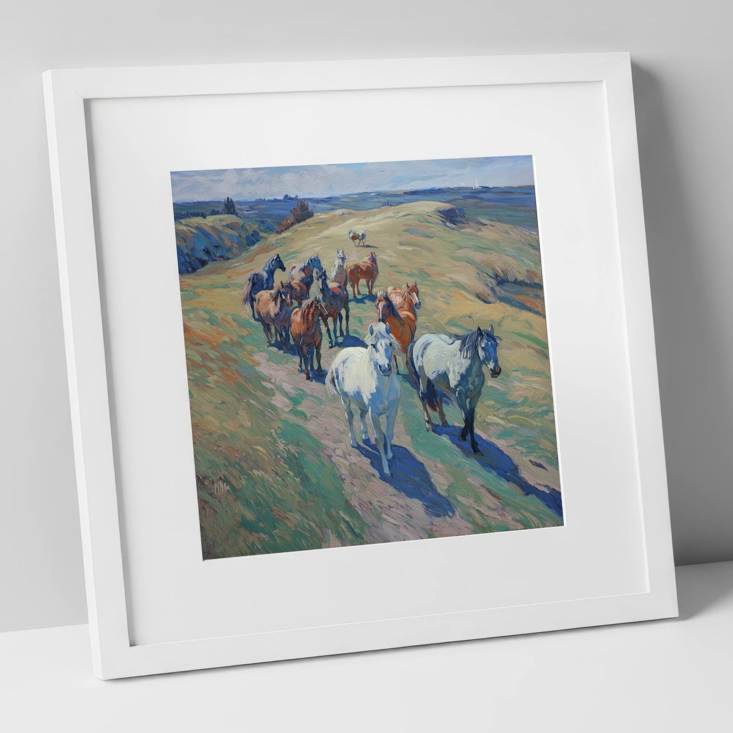 Over the Sunlit Rise wild horses art print in white frame