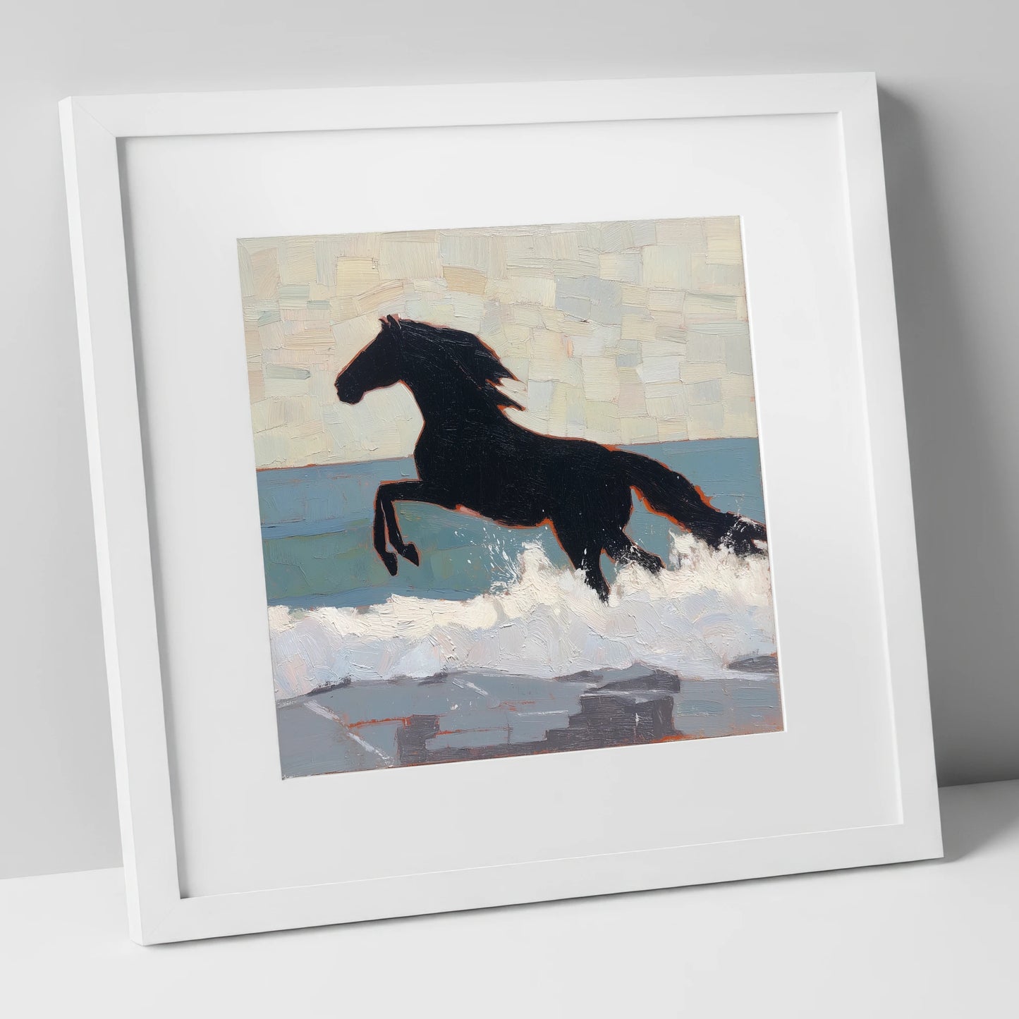 Surf Breaker Silhouette beach horse art print in white frame