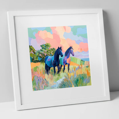 Pastures in Pastel horse landscape art print in white frame