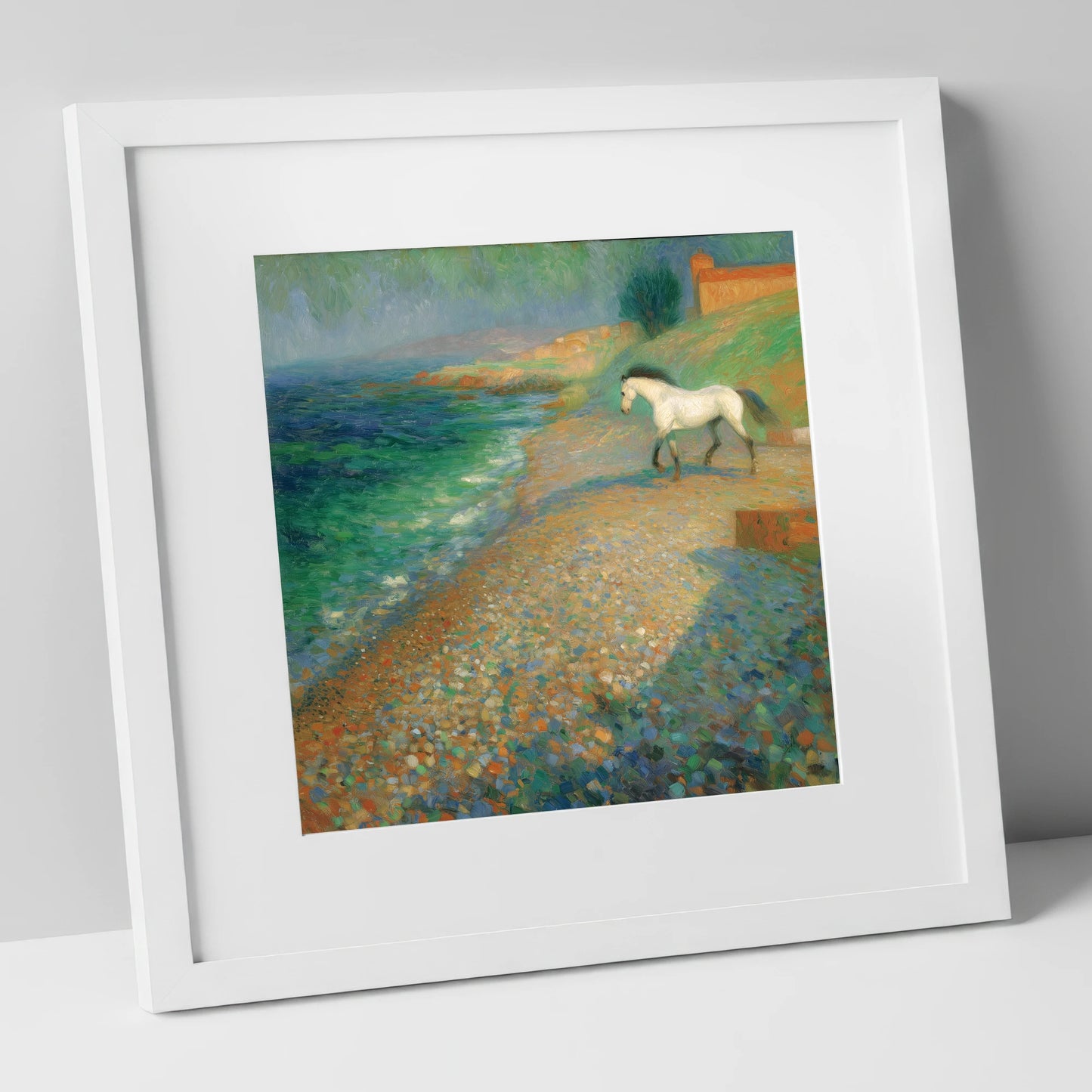 Vibrant Coastal Grey horse landscape art print in white frame