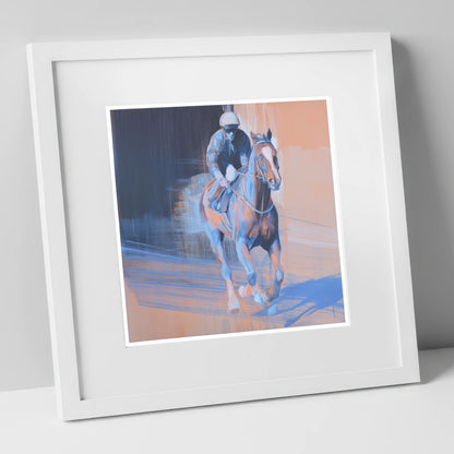 Shadows on the Track racing horse art print in white frame